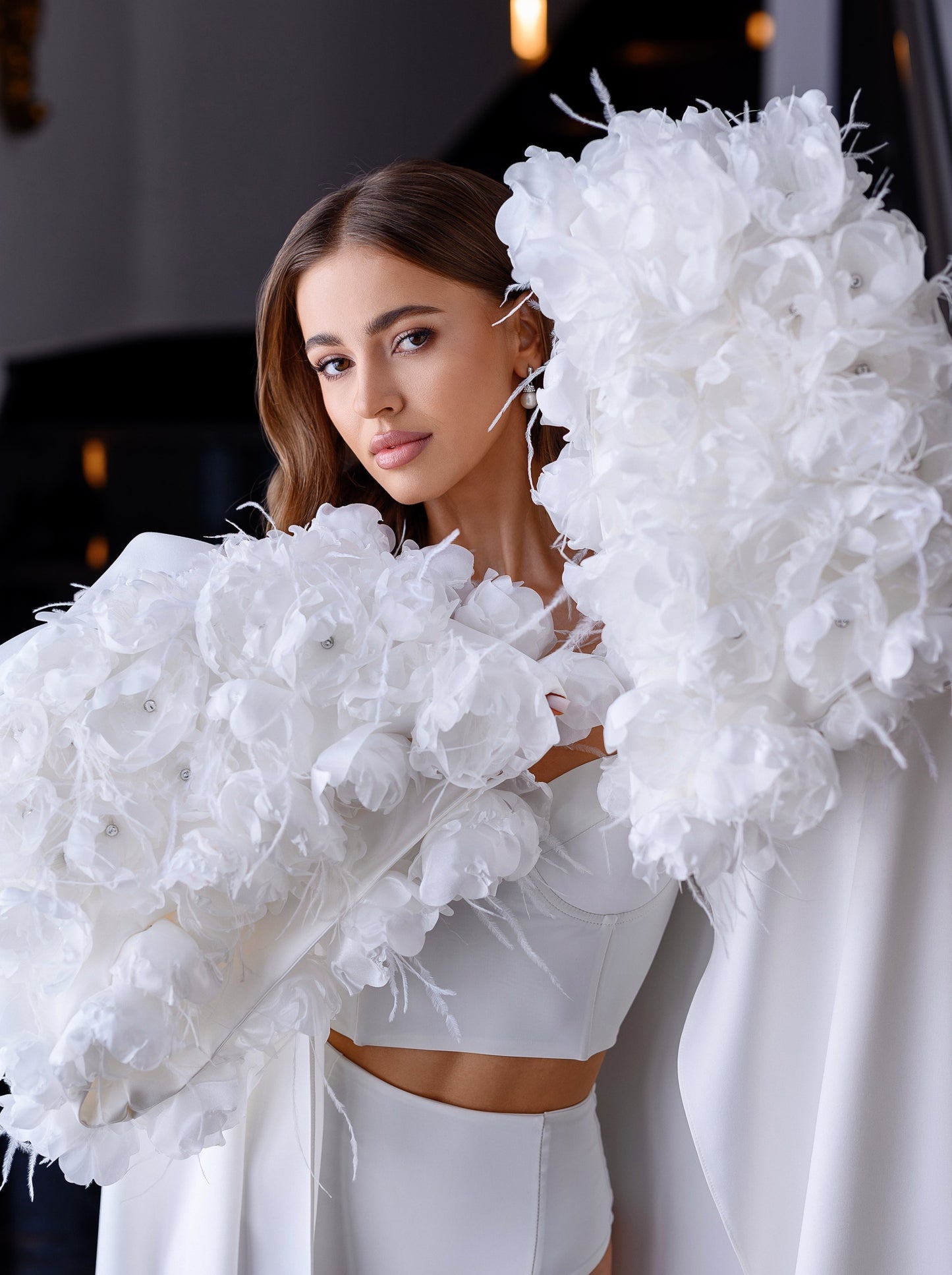 Nola Grey, Bridal Robe Nicole, model is wearing size small, model Height with heels - 175cm
Bust - 88cm
Waist - 65cm
Hips - 95cm
Close up picture of sleeves
