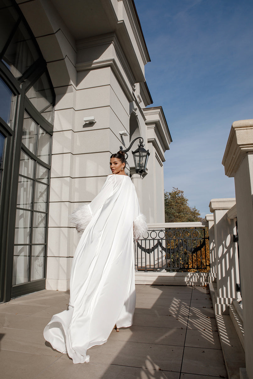 NOLA GREY-BRIDAL ROBE-MILLIE / COLOUR: IVORY - PREMIUM SATIN SILK - LUXURIES FEATHERS