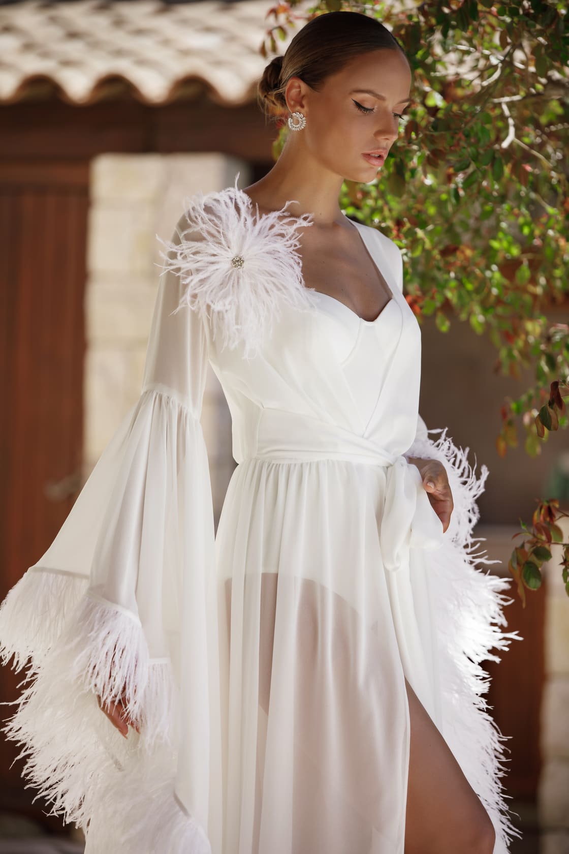 NolaGrey-BridalRobe-Monica/ Colour: Ivory / Premium Chiffon/ Luxuries feather accents
