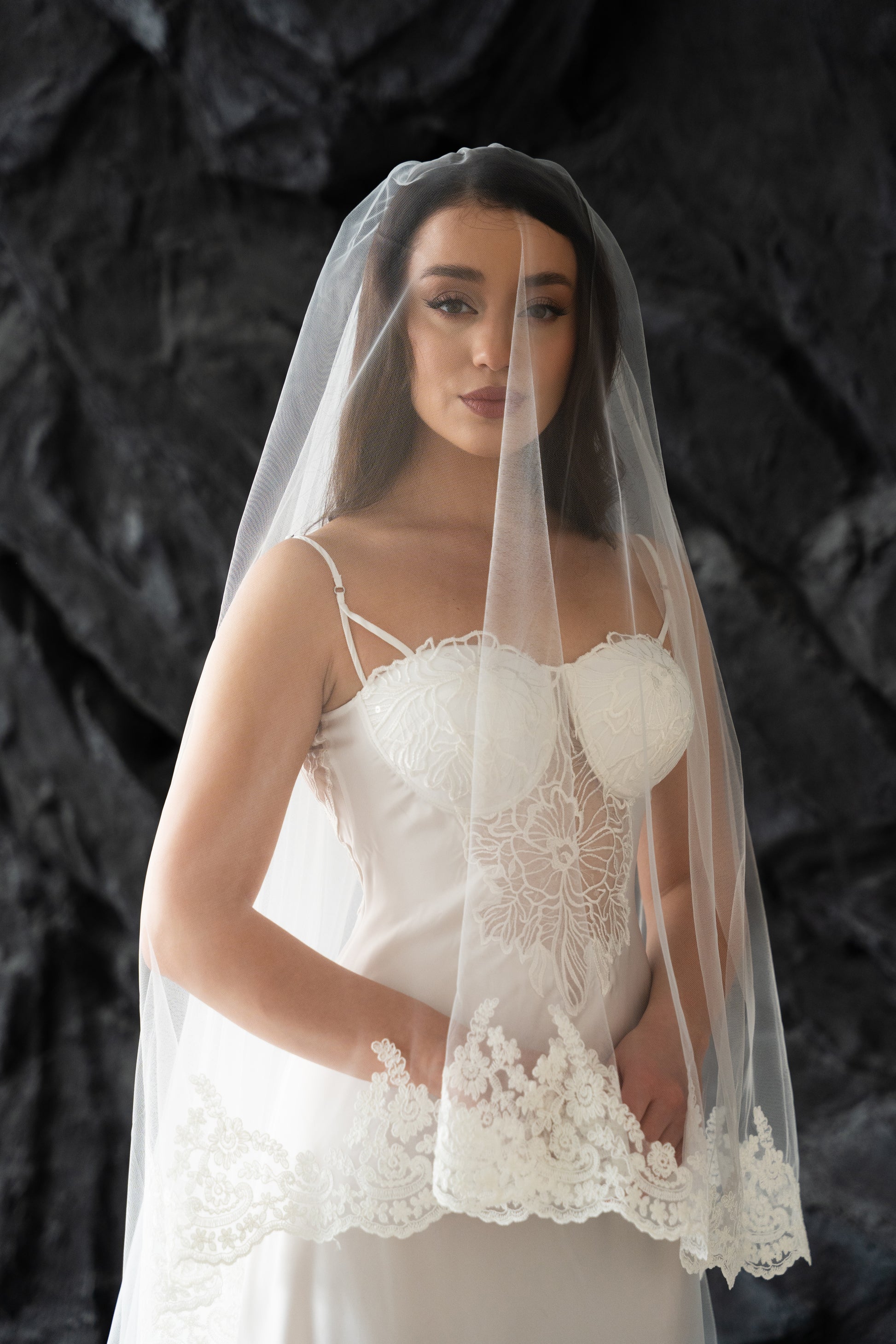 Ivory two-tier bridal veil with delicate lace trim edging