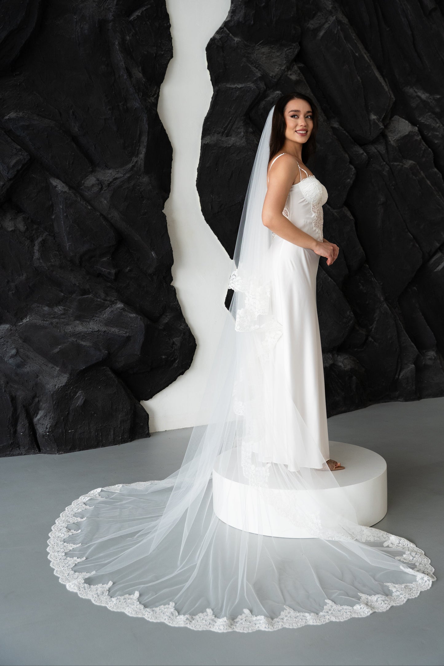 Ivory two-tier wedding veil with delicate lace trim edging