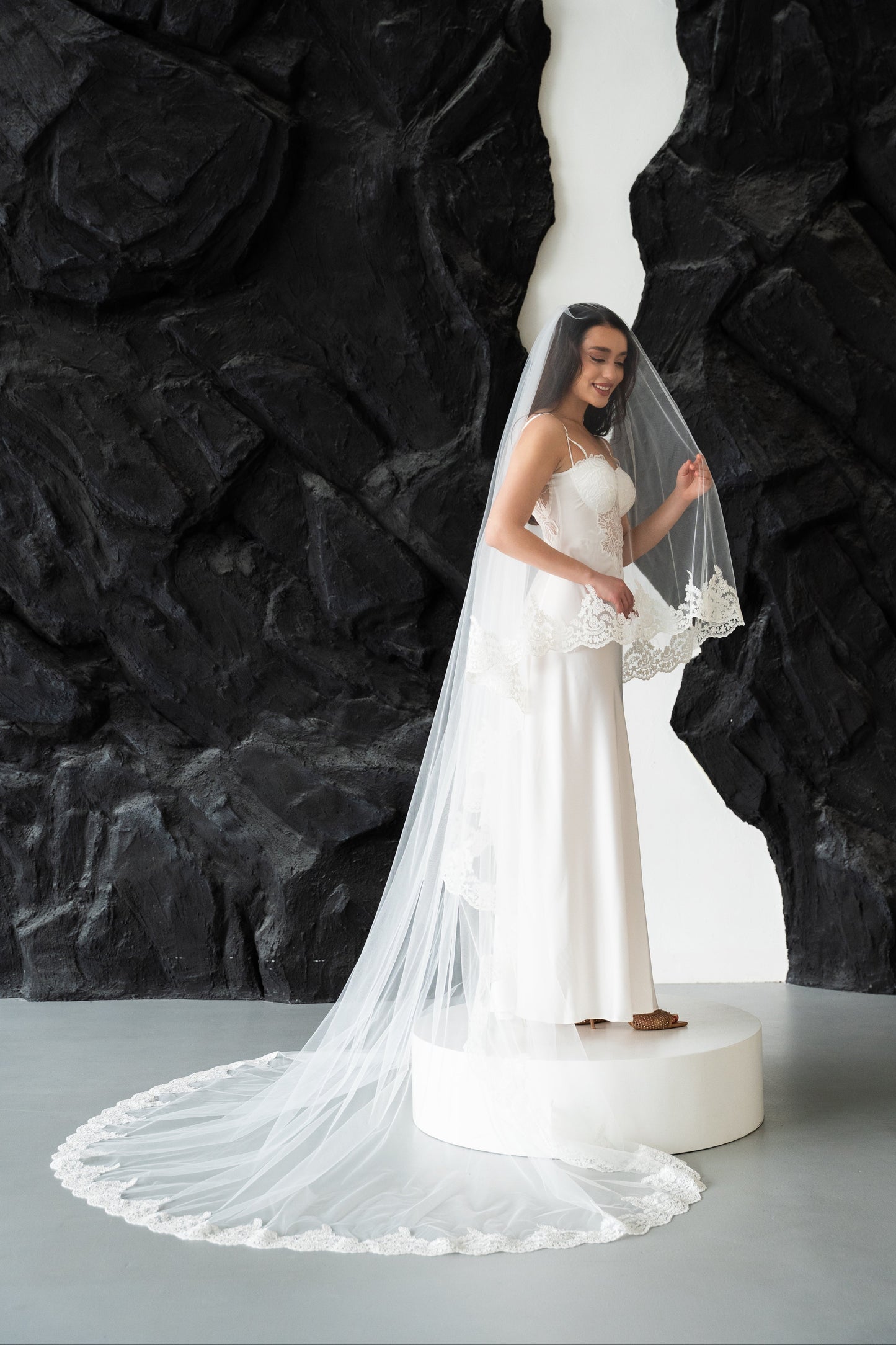 Ivory two-tier wedding veil with delicate lace trim edging